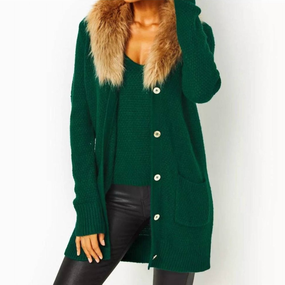 NWT - LILLY PULITZER Kildaire 2 Piece Sweater Set, Sz XS, evergreen, fur, knit,